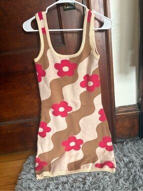 Retro Floral Knit Tank Dress - Pink & Brown